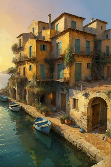 (by Alejandro Burdisio:1.2), coastal town dwelling in mediterranean biome, Cel Shaded Art, 2D, flat color, toon shading, cel shaded style (Golden hour:1.2), neo - expressionism, (ultra detailed, masterpiece, best quality, intricate details:1.4)