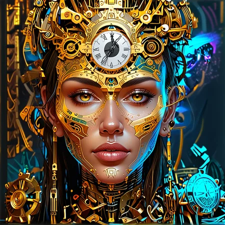 HDR photo of a digital artwork piece of a woman's face with a clock and gears, painting by android jones, face of a alien deity, closeup portrait of an artificer, brass semi - mechanical woman, the ayahuasca spirit, interconnected human lifeforms, inspired by Greg Staples, ornate gilded cosmic machine, front page of art station, cyberpunk angry gorgeous druid, <lora:Oblivion_lcm_structure_Craft_a_high-resolution:0.8>geometric shapes and bold colors to craft pop art faces, optical illusion faces, abstract art, surrealism, and minimalism.2d.3d.4k.8k.The moment of disintegration, <lora:glowneon_xl_v1:0.8>, glowneon, glowing, sparks, lightning . High dynamic range, vivid, rich details, clear shadows and highlights, realistic, intense, enhanced contrast, highly detailed