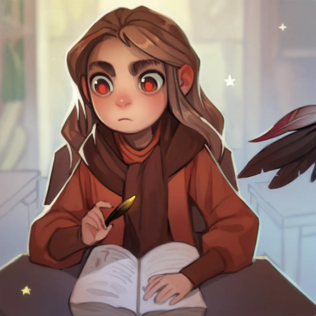 score_9, score_8_up, score_7_up, score_6_up, score_5_up, score_4_up, source_anime,  AvaIre, 1girl, long hair, brown hair, red eyes, long sleeves, holding, sitting, closed mouth, star (symbol), book, chair, table, open book, writing, quill