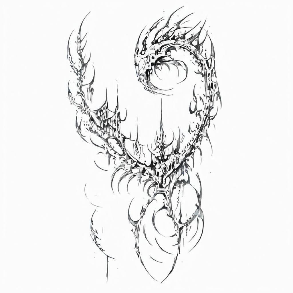 masterpiece, best quality, anime girl, ghost in the shell style, cyberpunk, cybersigilism, neotribal, tribal style tattoo, sketch, highlights, sparkle, gradient, greyscale, monochrome, no humans, white background, simple background, solo