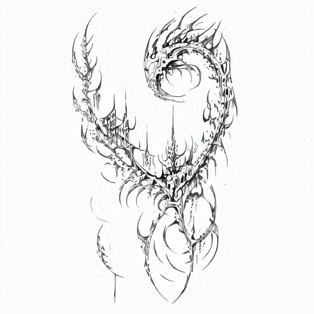 masterpiece, best quality, anime girl, ghost in the shell style, cyberpunk, cybersigilism, neotribal, tribal style tattoo, sketch, highlights, sparkle, gradient, greyscale, monochrome, no humans, white background, simple background, solo