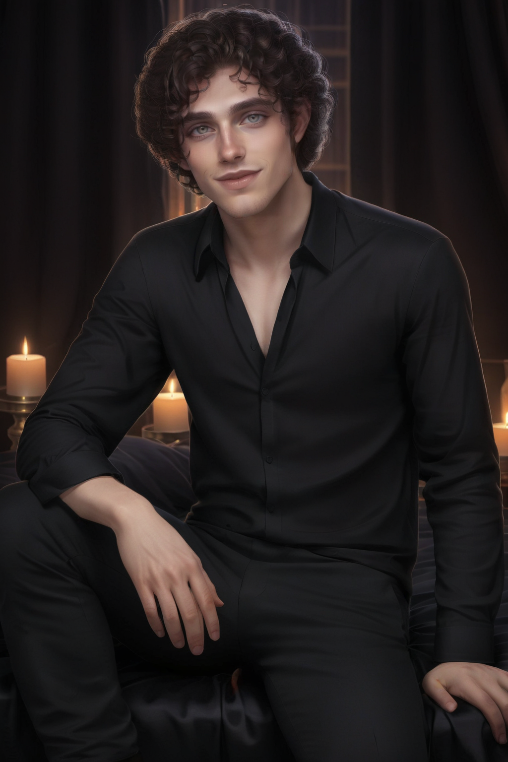 Dreamscape male, pale skin, grey eyes. brown curly hair, nose ring, smirk, full body, clothes in black opened shirt, sitting on the black silk bed, room interior background <lora:DavidXL:0.7> . Surreal, ethereal, dreamy, mysterious, fantasy, highly detailed