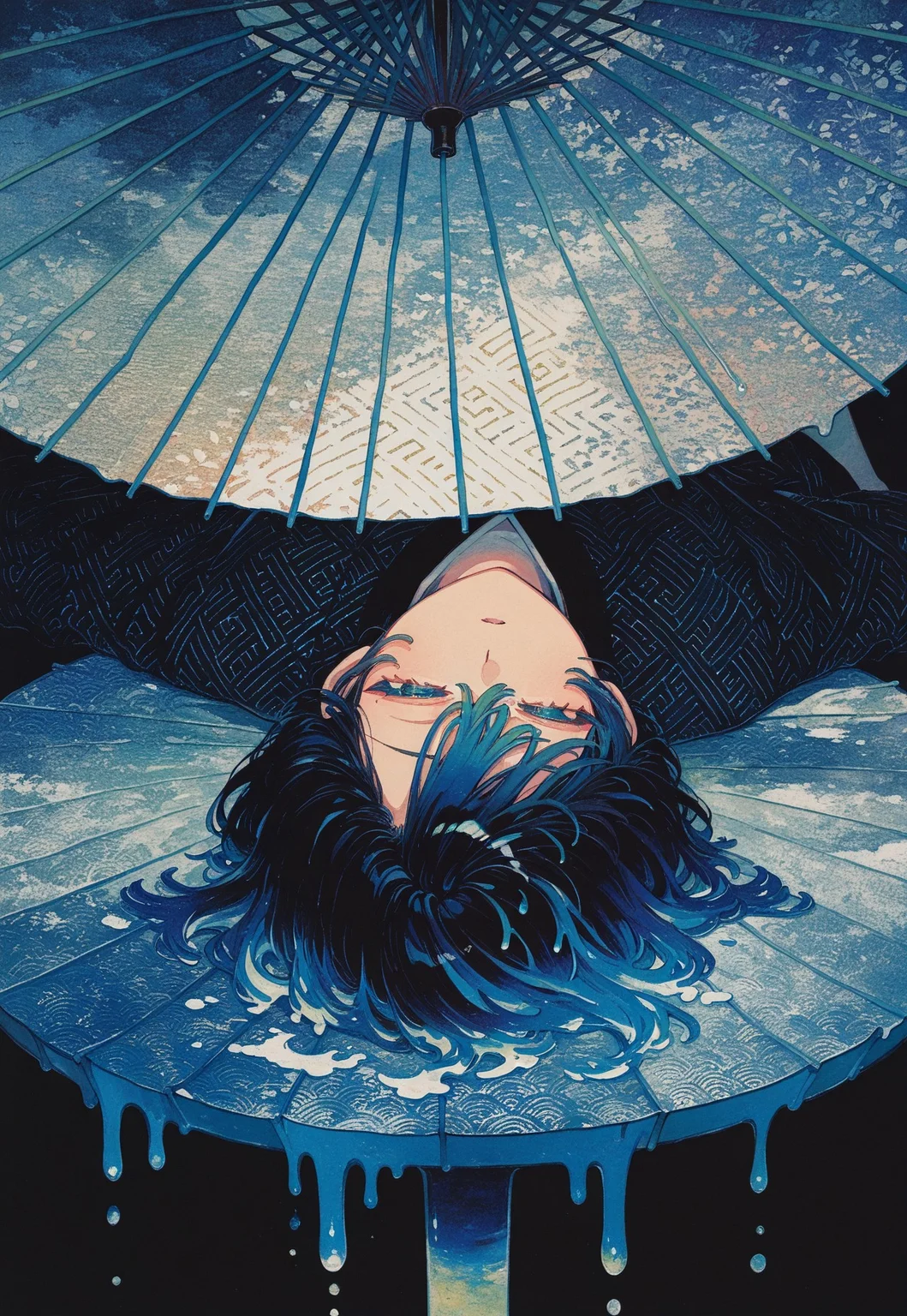 sayagata pattern, ultraviolet light, melting, blending, out of frame, double_exposure,
androgynous, solo, sleepy, lying, (oil-paper_umbrella, colorful oil-paper_umbrella), table,
(k4_illu), traditional media, scan, painting_(medium), abstract,
masterpiece, best quality, absurdres, [dynamic pose]