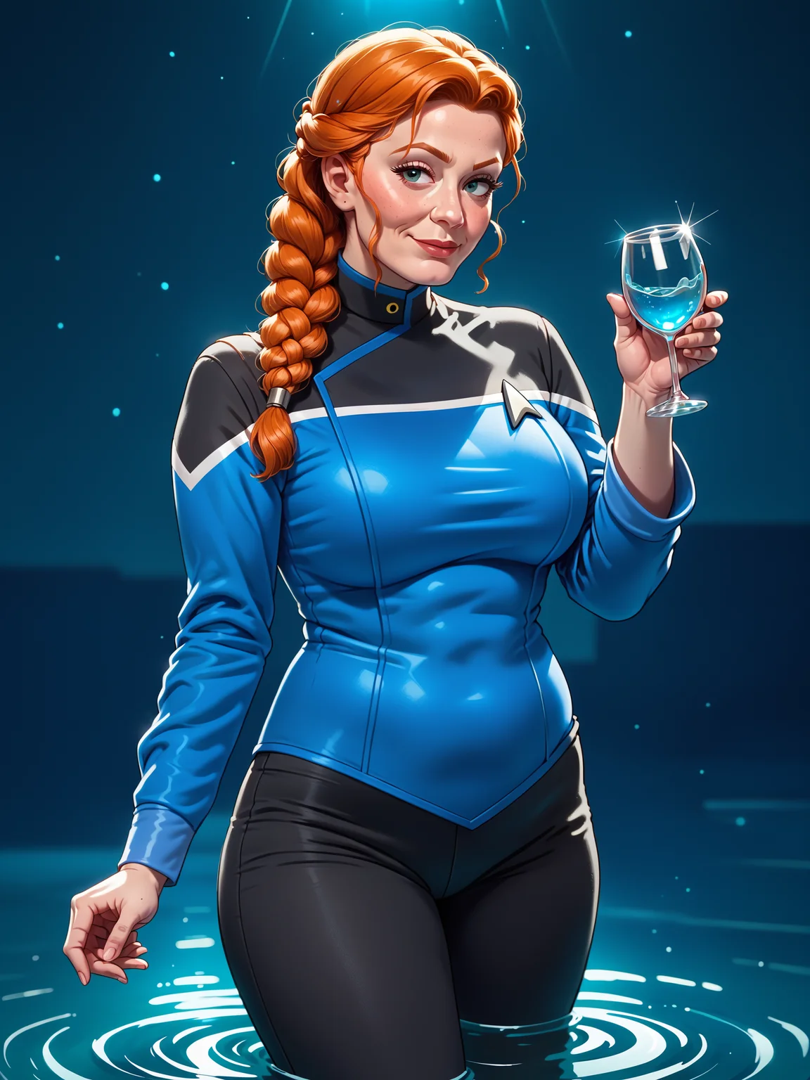 score_9, score_8_up, score_7_up, score_6_up, score_5_up,rating_safe, 1girl in sttldunf star trek black and blue uniform, blue sleeves,black pants, in a lab,mature ginger woman,short braid, holding glass of water,<lora:STTLPony:0.8>