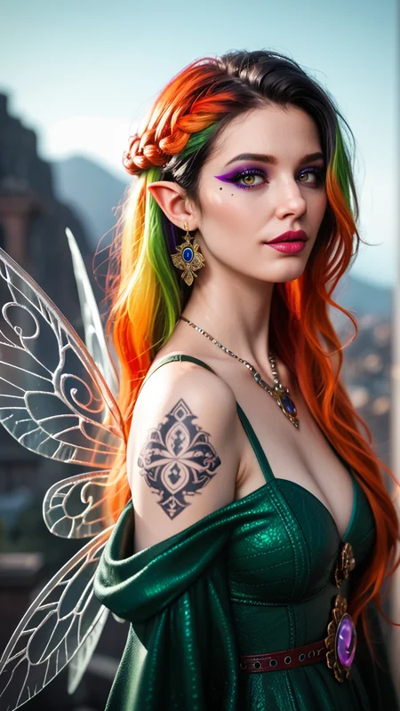 reality-shot, realism, realistic photography of a adult gothic elf with colorful hair, insect wings, tattoos, makeup, (sexy pose: 1.3), ancient city in a volcanic crater, posing for a picture, fantastical orange, purple, green themed background, glowing runes, art deco, intricate details, ultra sharp, Exquisite detail, flawless composition, vivid colors, masterpiece,, score_9, score_8_up