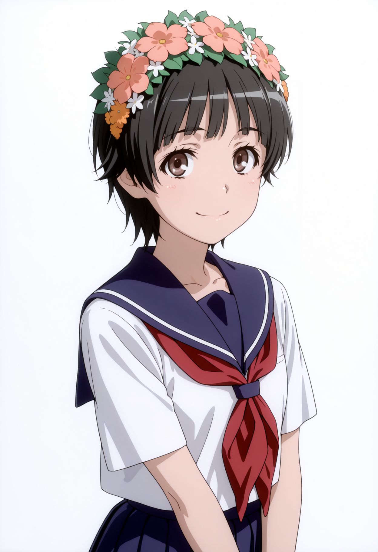 masterpiece, best quality, highres, absurdres, very awa, 1girl,
 smile, upper body, looking at viewer, solo, simple background, white background
 <lora:Uiharu Kazari:1>1girl, sakugawa school uniform, head wreath, black hair, summer uniform, serafuku, hair flower, short hair, blue skirt, smile, hair ornament, v arms, looking at viewer, brown eyes, red neckerchief, pleated skirt, sailor collar, long skirt