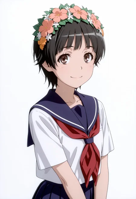 masterpiece, best quality, highres, absurdres, very awa, 1girl,
smile, upper body, looking at viewer, solo, simple background, white background
<lora:Uiharu Kazari:1>1girl, sakugawa school uniform, head wreath, black hair, summer uniform, serafuku, hair flower, short hair, blue skirt, smile, hair ornament, v arms, looking at viewer, brown eyes, red neckerchief, pleated skirt, sailor collar, long skirt