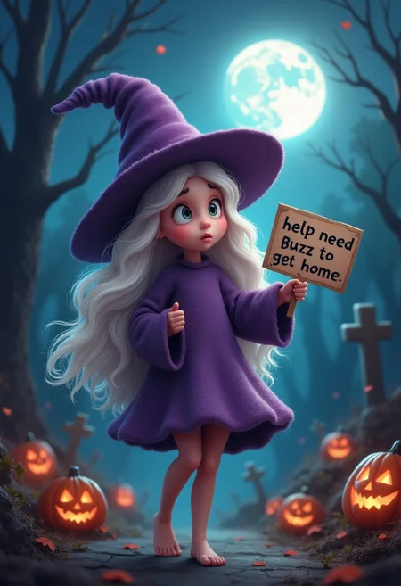a little magical hat girl witch with eyes wide open perfect scared and sad face long oversized purple sweater stockings long white hair with a soft pink tint and large eyes the witch is walking barefoot out of a graveyard at midnight with full moon above and Halloween decorations around her making innocent pose but with a subtle hint of danger as she holds a sign with both hands that's written on it "help need Buzz to get home"