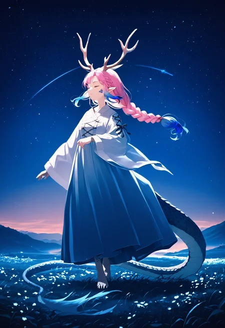 original, dragon girl, antlers, horns, 1girl, solo, closed eyes, tail, braid, monster girl, long hair, full body, blue hair, single braid, multicolored hair, dragon tail, dress, braided ponytail, gradient hair, pointy ears, long sleeves, dragon horns, star \(sky\), scales, wide sleeves, pink hair , night sky, starry sky, dark theme, dappled moonlight, atmospheric,
score_9, score_8_up, score_7_up, score_6_up, absurdres, best quality, masterpiece, very aesthetic
<lora:dragon_girl_pony_v2:1>