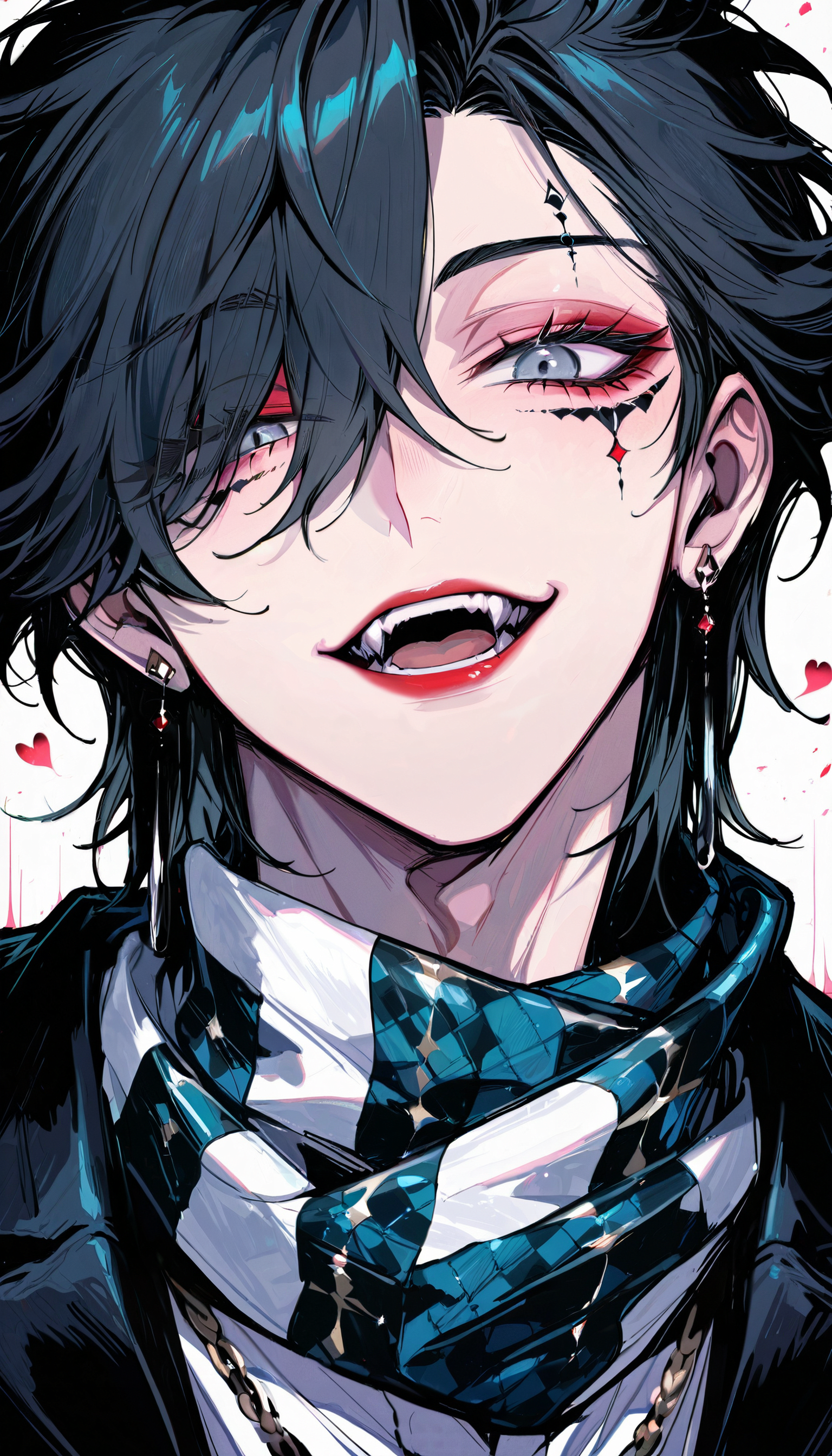 <lora:Lora\[Yue]Nijistyleâ :1> <lora:Lora\r8r:0.8> lora:Lora\Midjourney_Niji_Anime_model_style_for_IllustriousXL__*/Mix_of_V5__V6:1>manga style masterpiece, best quality, good quality, very aesthetic, absurdres, newest, 8k uhd, dslr, ultra detailed, intricate details, sharp focus, hyperdetailed, texture details, subsurface scattering, ray tracing, global illumination, volumetric lighting, medium shot, skin pores, detailed iris, individual eyelashes, hair strands, fabric texture, stitch details, solo, 1boy, solo, male focus, checkered clothes, jewelry, earrings, portrait, looking at viewer, heart, makeup, hair over one eye, black hair, facial mark, eyelashes, short hair, facepaint, red lips, scarf, one eye covered, grey eyes, big eyes, eyelashes, detailed face and body, vibrant details, ambient soft lighting, perfect anatomy, beautiful detailed eyes, dynamic angle, sharp focus, midniji, vibrant colors, dynamic poses . vibrant, high-energy, detailed, iconic, Japanese comic style
