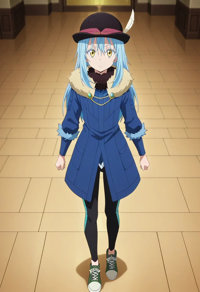masterpiece, best quality, intricate details, anime screencap, , official style, looking at viewer, , 1boy, solo, male focus, <lora:rimuru_tempest_ilxl:1>, rimuru_tempest, blue hair, yellow eyes, long hair, bangs, hair between eyes, androgynous, 1other, fur trim, , PistachioGreen Poplin Tribal Athletic leggings, Broderie anglaise Blazer, Suede sneakers, Bowler hat, and