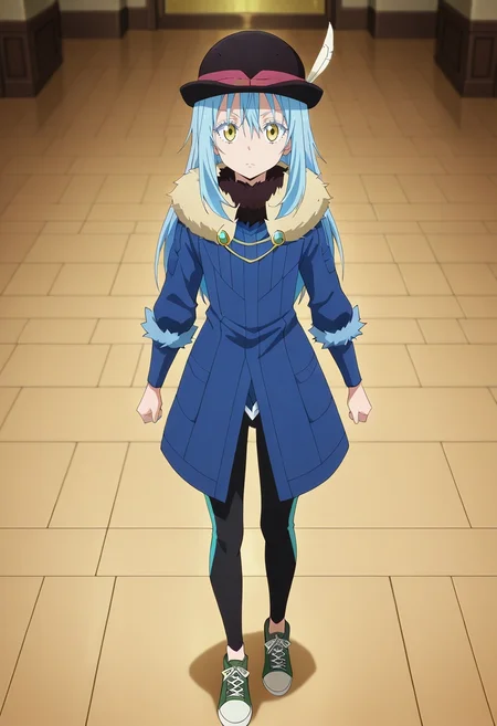 masterpiece, best quality, intricate details, anime screencap, , official style, looking at viewer, , 1boy, solo, male focus, <lora:rimuru_tempest_ilxl:1>, rimuru_tempest, blue hair, yellow eyes, long hair, bangs, hair between eyes, androgynous, 1other, fur trim, , PistachioGreen Poplin Tribal Athletic leggings, Broderie anglaise Blazer, Suede sneakers, Bowler hat, and