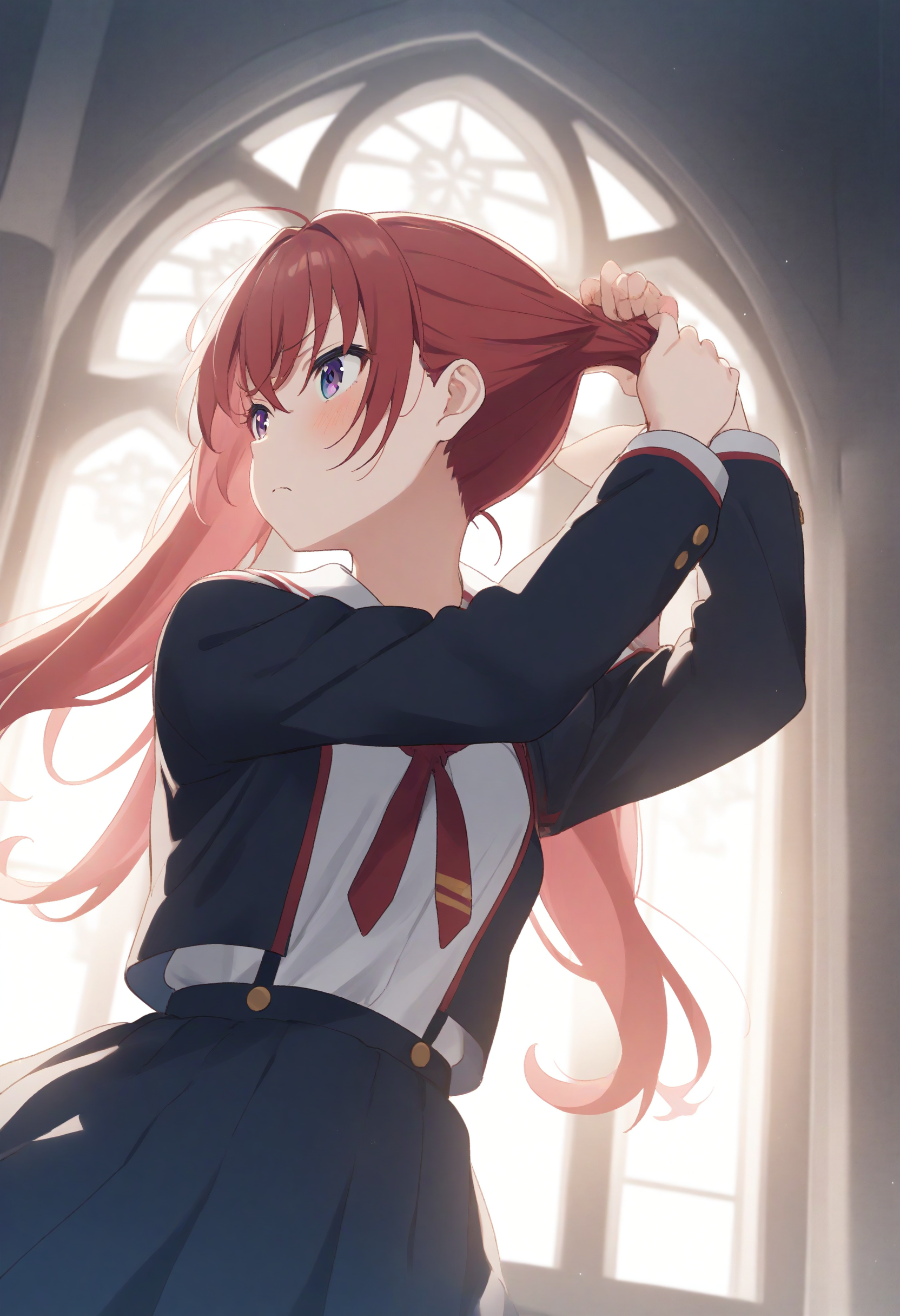 1girl,sincos, ningen mame, toosaka asagi,solo,medium breasts,school uniform,
tying hair,twintails,<lora:tyinghairtwintails_XL_v1:0.8>
from below, cinematic angle, looking away, red hair, purple eyes,frown, chapel, closed mouth,
best quality, very aesthetic, absurdres
