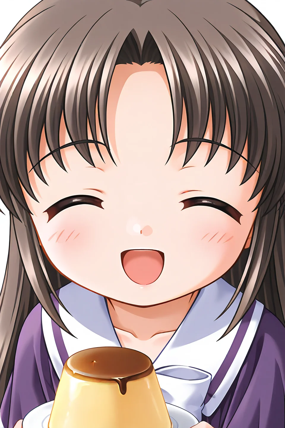 masterpiece, best quality, absurdres, official art, official style, general BREAK <lora:nonoharayui_IL_v1-3:0.7>, nonohara yui, 1girl, solo, purple eyes, brown hair, black hair, parted bangs, long hair, straight hair, flat chest, aged down, school uniform, purple capelet, white sailor collar, white bowtie, sailor dress, purple dress, short dress, white line, short sleeves, close-up, portrait, upper body, eye focus, pudding, holding pudding,
blush stickers, :d, ^o^, closed eyes, facing viewer, front view, happy, open mouth