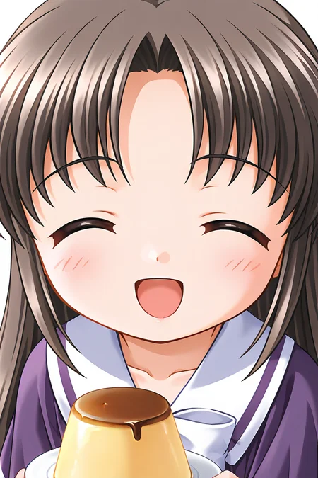 masterpiece, best quality, absurdres, official art, official style, general BREAK <lora:nonoharayui_IL_v1-3:0.7>, nonohara yui, 1girl, solo, purple eyes, brown hair, black hair, parted bangs, long hair, straight hair, flat chest, aged down, school uniform, purple capelet, white sailor collar, white bowtie, sailor dress, purple dress, short dress, white line, short sleeves, close-up, portrait, upper body, eye focus, pudding, holding pudding,
blush stickers, :d, ^o^, closed eyes, facing viewer, front view, happy, open mouth