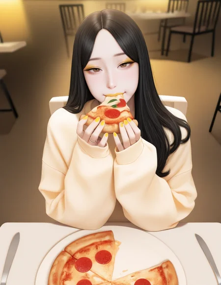 (masterpiece, best quality, ultra-detailed, absurdres, newest, detailed textures, correct anatomy:1), detailed_hands, elegant_fingers, <lora:HaneAme_ILXL:1>, haneame, asian woman, pale skin, makeup, black hair, brown eyes, long hair, streetwear, oversized clothes, sleeves past wrists, contemporary, nail polish, lips, eyeshadow, yellow nails, yellow lipstick, yelow eyeliner, yellow theme, rings, sitting, looking at viewer, eating, pizza, plate, fork, knife, table, chair, table, restaurant, cinematic angle, cinematic lighting, <lora:ëª¨ë¹ë:0.25>, <lora:KoreanStyleSDXLvpred10:0.25>, aikoreanstyle, korean, asian, <lora:ABBB(ah-lyong_lee)-artist-illustrious v01:0.25>, abbb, (kidmo:0.25), happy, half-closed eyes, from above