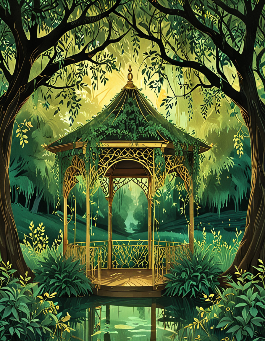 gazebo covered in vines next to a willow tree and water  novuschroma15 style gold foil <lora:novuschroma15 style:1>  <lora:sdxl_lightning_8step_lora:1>