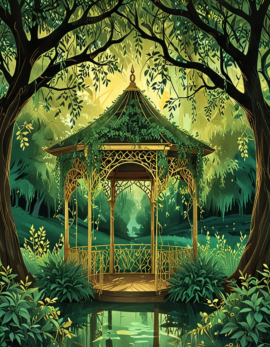 gazebo covered in vines next to a willow tree and water novuschroma15 style gold foil <lora:novuschroma15 style:1> <lora:sdxl_lightning_8step_lora:1>