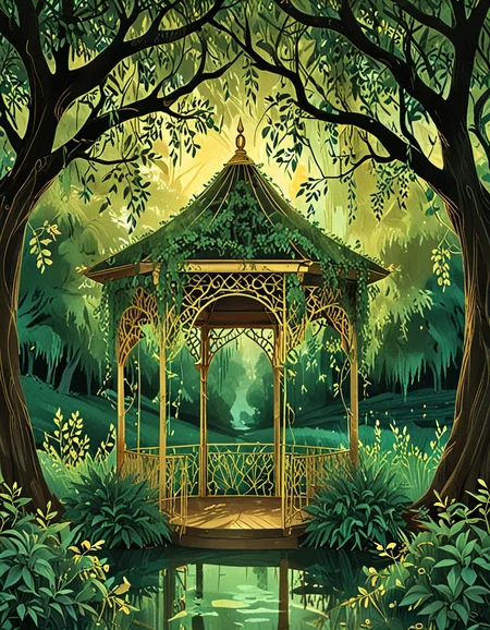 gazebo covered in vines next to a willow tree and water novuschroma15 style gold foil <lora:novuschroma15 style:1> <lora:sdxl_lightning_8step_lora:1>
