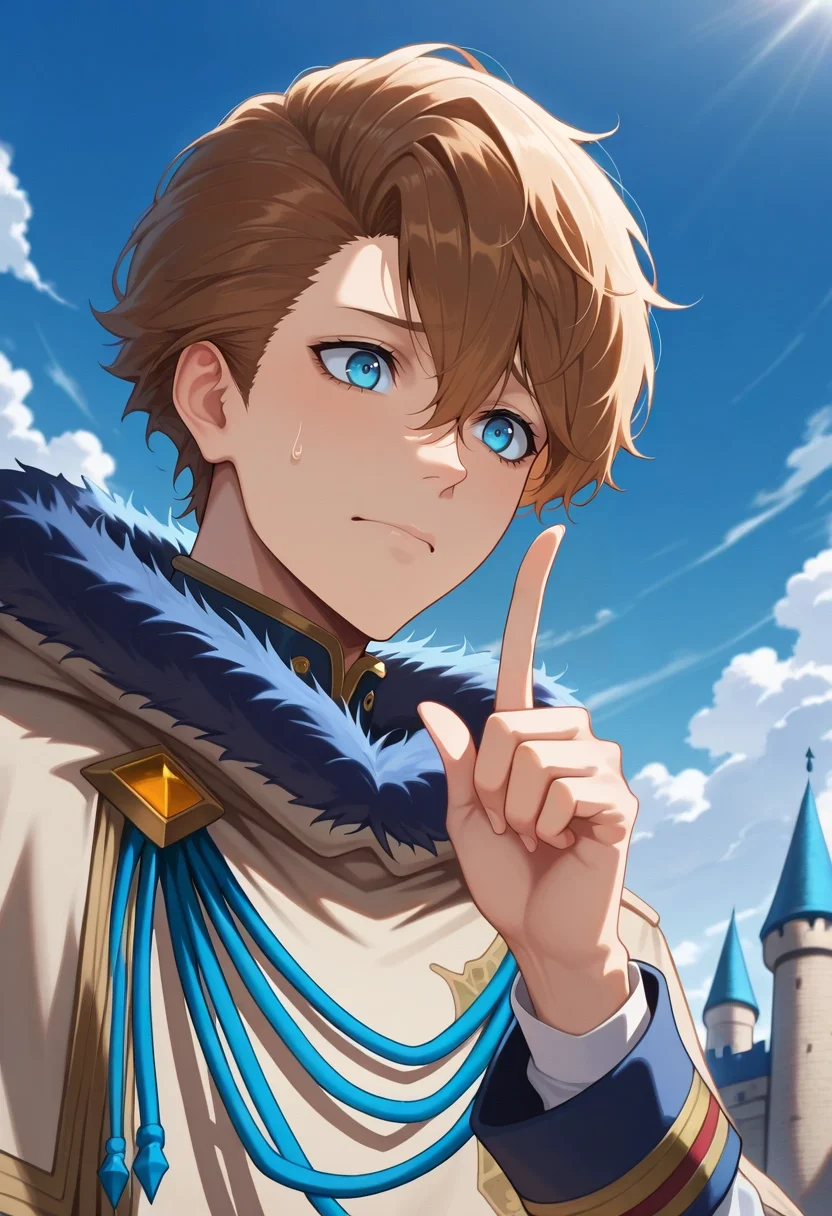 masterpiece, best quality, , (realistic:0.6), , 1boy, solo, male focus, <lora:langris_vaude_ilxl:0.9>, langris_vaude, brown hair, blue eyes, short hair, hair between eyes, fur trim, from below, castle, day, clouds, index finger raised, nervous,