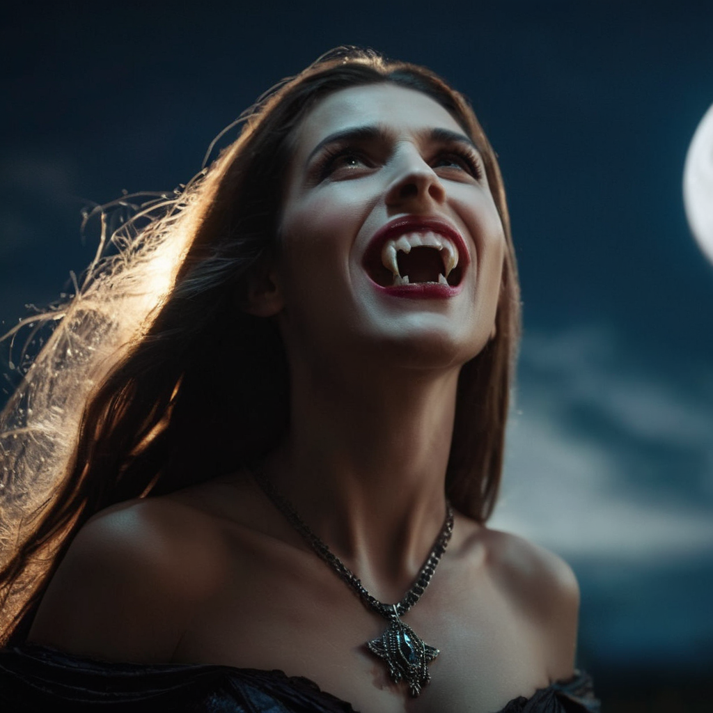 cinematic film still of  <lora:vampire fangs teeth 2:1.2>
Gorgons in Greek mythology Female Vampire a woman with a very big mouth and a very big smile Vampire Fangs Teeth staring at camera with moon light on at night, shallow depth of field, vignette, highly detailed, high budget, bokeh, cinemascope, moody, epic, gorgeous, film grain, grainy
