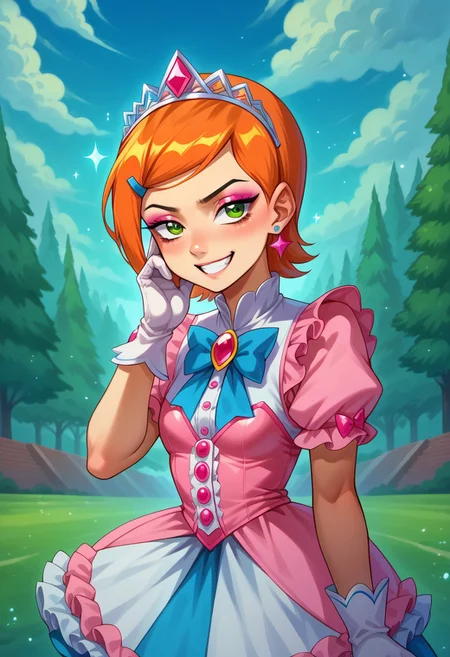 score_9, score_8_up, score_7_up, source_anime , 1girl, gwen tennyson (/Ben10)/, bright orange hair, short hair, (green eyes), girly twintails, masterpiece, best quality, absurdres, (pastel theme) magical girl, blue latex frilly bell skirt, magical girl dress, madoka dress, pastel colors, kawaii, frilled skirt, thighhighs, puffy dress, puffy short sleeves, gloves, tiara hairband, gem brooch, bow, ribbons, lace trim, frills, frilled fabric, sparkles, glitter,
lipstick, long eyelashes, eyeshadow, eyeliner, mascara, makeup,
outdoors, nature, clouds, heart earrings, heart accessories, jewelry, frilled boots, solo, cowboy shot, dynamic magical girl pose, v, grin, hand on own cheek
