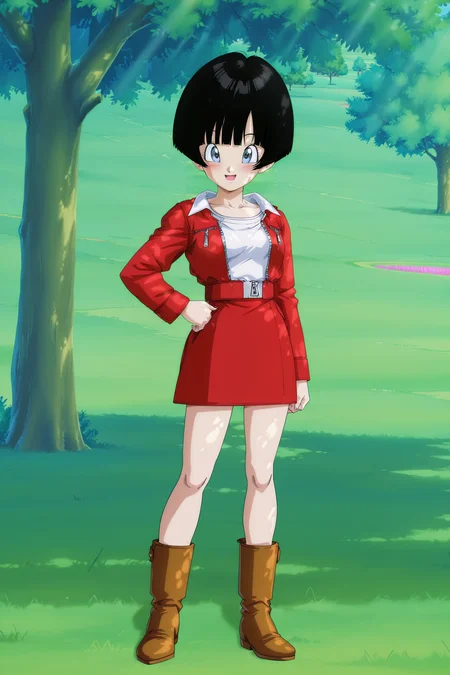 anime screencap, masterpiece, best quality, amazing quality, very aesthetic, absurdres, newest, (scenery, volumetric lighting), official style,
videl, official style, end of z, 1girl, solo, breasts, looking at another, blush, smile, very short hair, bowl cut, open mouth, black hair, bangs, blue eyes, small breasts, collared jacket, collar up, red jacket, long sleeves, white shirt, red skirt, miniskirt, boots, brown footwear, hand on hip, full body, grass, field, tree, dappled sunlight, arm at side, collarbone, zipper
<lora:Videl_IL_v2:0.8>