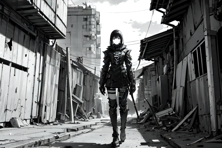 highly insanely detailed, masterpiece, top quality, best quality, highres, 4k, 8k, RAW photo, (very aesthetic, beautiful and aesthetic),  
tsutomu nihei,nihei_tsutomu,blame!,blame gakuen!,abara,TNstyle,sidonia_no_kishi,clouds,lantern,cables,tubes,industrial pipes,bones,buildings,concrete walls,metal walls,walkway,gauna,gauna mech,wire,dome,light particles,drainpipe,letterboxed, 
<lora:ABARA:0.5>, 
(1girl:1.3), 
solo focus, 
street corner,âââ