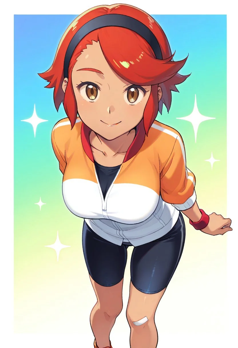 2d, masterpiece, best quality, amazing quality, 1girl, solo, close-up, standing, smile, upper body, leaning_forward, looking at viewer, multicolored background, sparkle, gradient background, colorful background, green background, blue background, (mature female, adult body, grown up, aged up), pktina, brown eyes, short hair, red hair, bangs, dark-skinned female, black hairband, multicolored jacket, white jacket, orange jacket, partially opened jacket, three-quarter sleeves, red wristband, black shorts, bike shorts, bandaid on knee, shoes, orange footwear