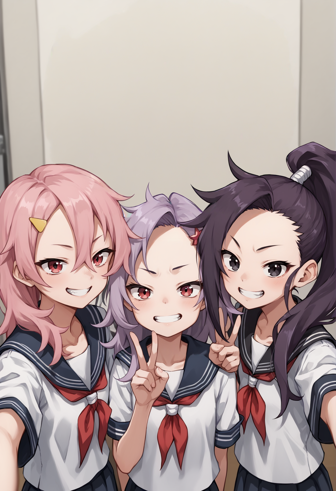 3girls, selfie, serafuku, very long hair, black hair, high ponytail, high ponytail, black eyes, medium hair, purple hair, red eyes, ponytail, long hair, pink hair, pink eyes, messy hair, hairpin, v. teeth  <lora:tsubaki_kunoichi:1>, score_9, score_8_up, score_7_up, score_6_up, score_5_up, score_4_up, BREAK source_anime, masterpiece