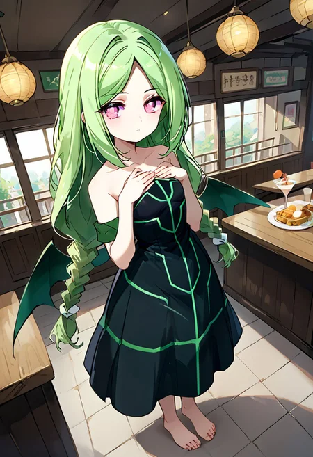 score_9, score_8_up, score_7_up, source_anime, momose kajitsu, 1gril, solo, green hair, long hair, parted bangs, twin braids, pink eyes, small breasts, bare shoulders,green striped black dress,strapless, strapless dress, long dress, green armband, wings, barefoot,, restaurant, laughter, good food, warm lighting, celebration, expressionless, hands on own chest,, (from side), cowboy shot, dutch angle, eye_focus, close-up, solo, looking_at_viewer,