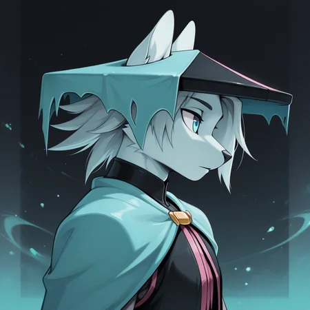 masterpiece, best quality, amazing quality, du57aet, anthro, ((male focus, 1boy, solo)), male, blue eyes, hat, cape, vest, shirt, shoulders up portrait, side view, abstract background<lora:Illustrious\dust-illuv2.safetensors:1.0000000000000002:1.0000000000000002>