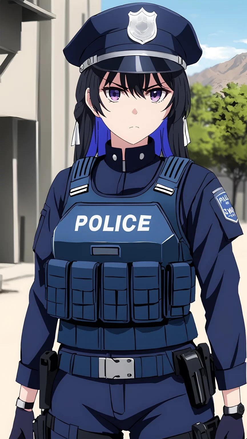masterpiece, best quality,
<lora:tinasha.sdxl.v3:0.9> tinasha
1girl, solo,
serious,
stern looking,
policewoman, police uniform,
outdoors, swat, combat gear, bulletproof vest,
full body,