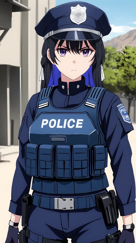 masterpiece, best quality,
<lora:tinasha.sdxl.v3:0.9> tinasha
1girl, solo,
serious,
stern looking,
policewoman, police uniform,
outdoors, swat, combat gear, bulletproof vest,
full body,