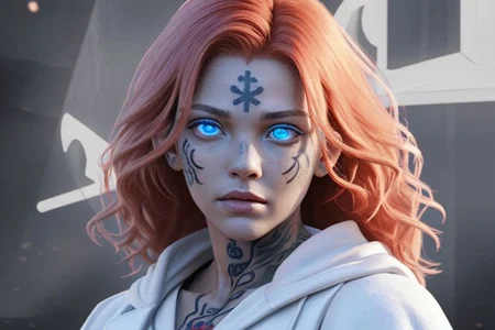 bright red hair, human female, (feminine:1.7), (beautiful face, detailed face:1.6), (beautiful eyes, detailed eyes:1.7), (looking at viewer, eye contact, intense:1.6), (long hair, red hair, curly hair:1.3), , ((masterpiece, best quality, high resolution, realistic, best quality,)), photo realistic, Perfect Face, (detailed face). <lora:GoodHands-vanilla:0.6> <lora:add-detail-xl:0.8>, mage, (Dress White military uniform coat), dagger, rune dagger, glowing runes, , (((glowing magic symbols tattoos, religious tattoos))), ((face tattoos)), glowing tattoos, stone tower in the background