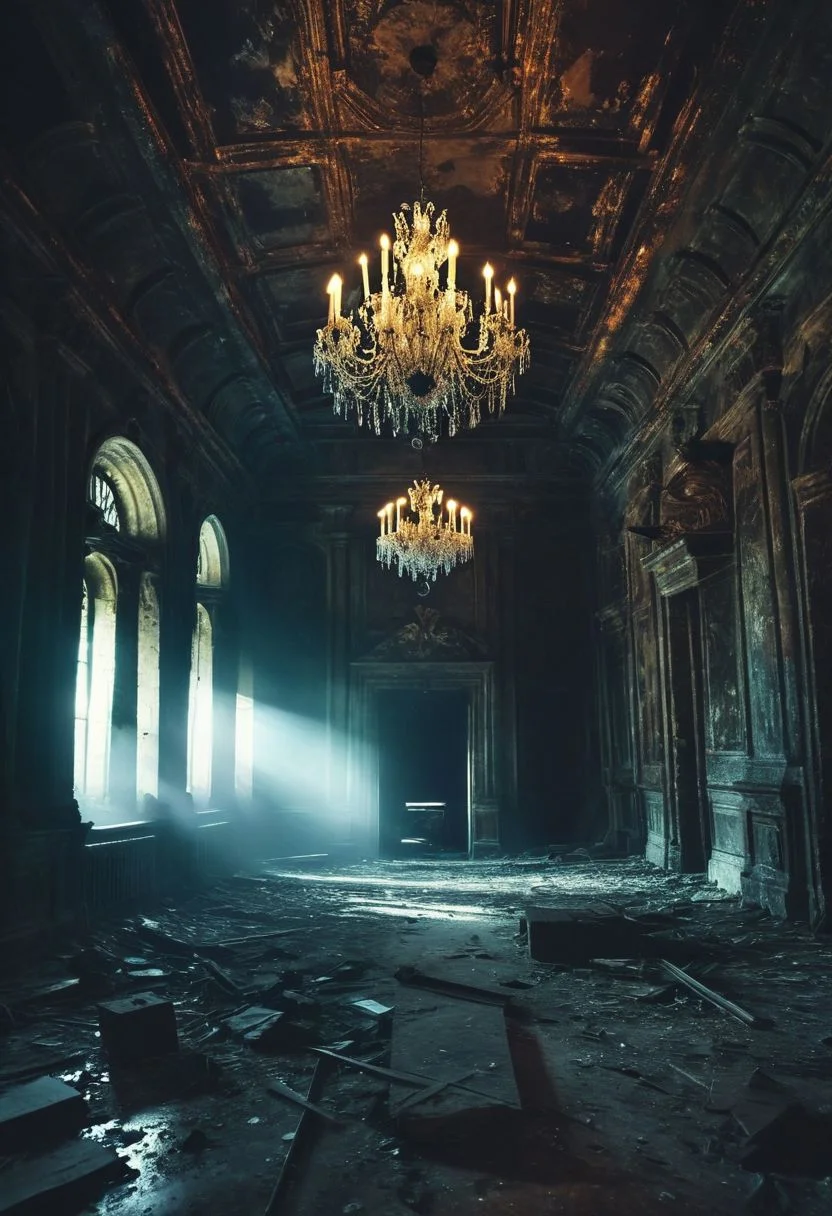 (((ray light, chromatic aberration, RAW photo, extremely details, photo of Mind blowing depth and foreground clarity))) stunning, high quality, photorealistic, in a huge room of an old abandoned castle, we can painfully see a silhouette walking (((on all fours on the ceiling))) next to an immense chandelier,, an impressive and fascinating horror, extremely distressing and disturbing image, ((dramatic lighting, detailed atmosphere, dark, moody, intricate details)), volumetric lighting, high resolution, 8k, best quality, soft shadows, hyper detailed, ultra detailed, ultra high definition, 8k, super sharp focus, great detail of textures, cinematic photo ((masterpiece))