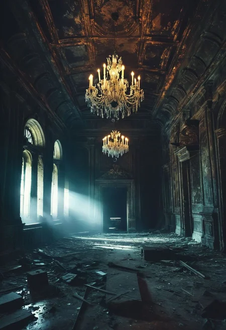(((ray light, chromatic aberration, RAW photo, extremely details, photo of Mind blowing depth and foreground clarity))) stunning, high quality, photorealistic, in a huge room of an old abandoned castle, we can painfully see a silhouette walking (((on all fours on the ceiling))) next to an immense chandelier,, an impressive and fascinating horror, extremely distressing and disturbing image, ((dramatic lighting, detailed atmosphere, dark, moody, intricate details)), volumetric lighting, high resolution, 8k, best quality, soft shadows, hyper detailed, ultra detailed, ultra high definition, 8k, super sharp focus, great detail of textures, cinematic photo ((masterpiece))