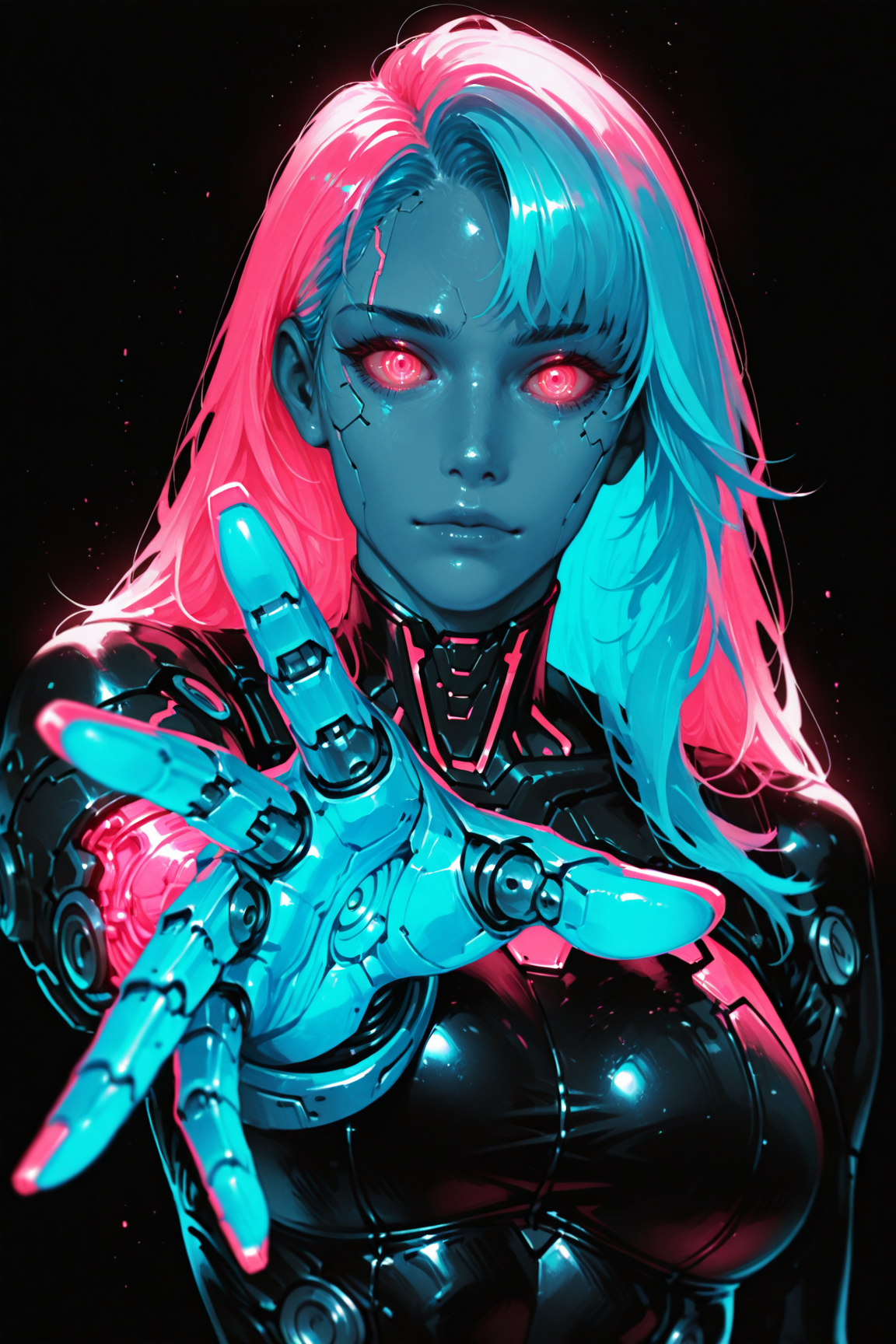 [Uncensored, looking at viewer, cyberpunk, upper body, perspective, monochrome, partially colored (neon pink), glowing cybernetic arm, reaching, hand focus, film grain, black background]
A cyberpunk femme fatale with a sleek black bodysuit and neon-glowing cybernetic arm reaches toward the viewer, her hand outstretched with sharp, mechanical claws. Her eyes glow icy blue, contrasting the neon pink highlights in her hair and arm. Film grain adds a gritty, futuristic edge., <lora:Detailer_NoobAI_Incrs_v1:0.75>, masterwork, masterpiece, best quality, , dynamic pose,,  dynamic angle, , ,  (lineless:1.2), detailed, depth of field, dynamic lighting, blurry, (cheekbones:0.85), (realistic:1.2)
adult, aged up,, .