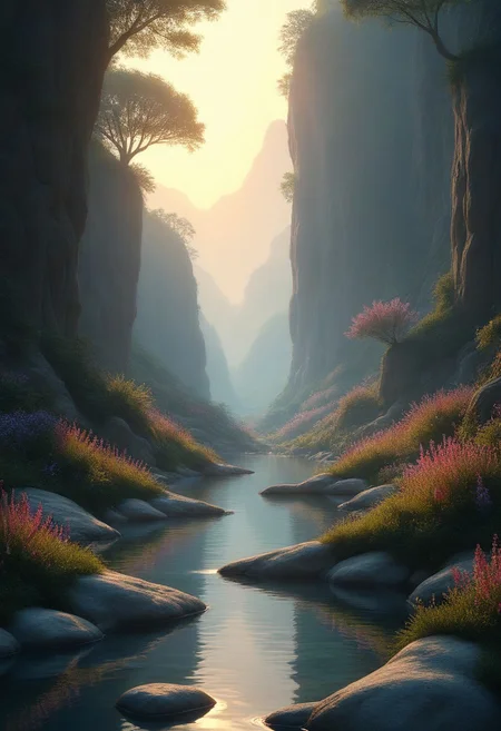 A serene fantasy landscape with intricate detail, soft lighting casting a warm glow over rolling hills and dense forests. The mood is peaceful yet magical, from a low-perspective angle that emphasizes vastness and wonder. The setting includes crystal-clear streams, vibrant wildflowers, and ethereal creatures floating above. Textures like smooth stone, detailed plant life, and reflective water surfaces add depth. Genres blend seamlessly into the scene's natural beauty with no overtly sexual elements. This prompt ensures a balance of detail and creativity to bring the image to life.