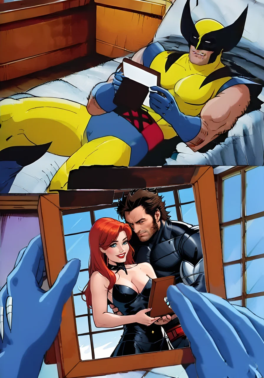 Wolverine holding a picture frame of sexy red head, comic panels, <lora:wolvmemesdxl:0.8>, wolvmemesdxl, cartoon, best quality, x-men