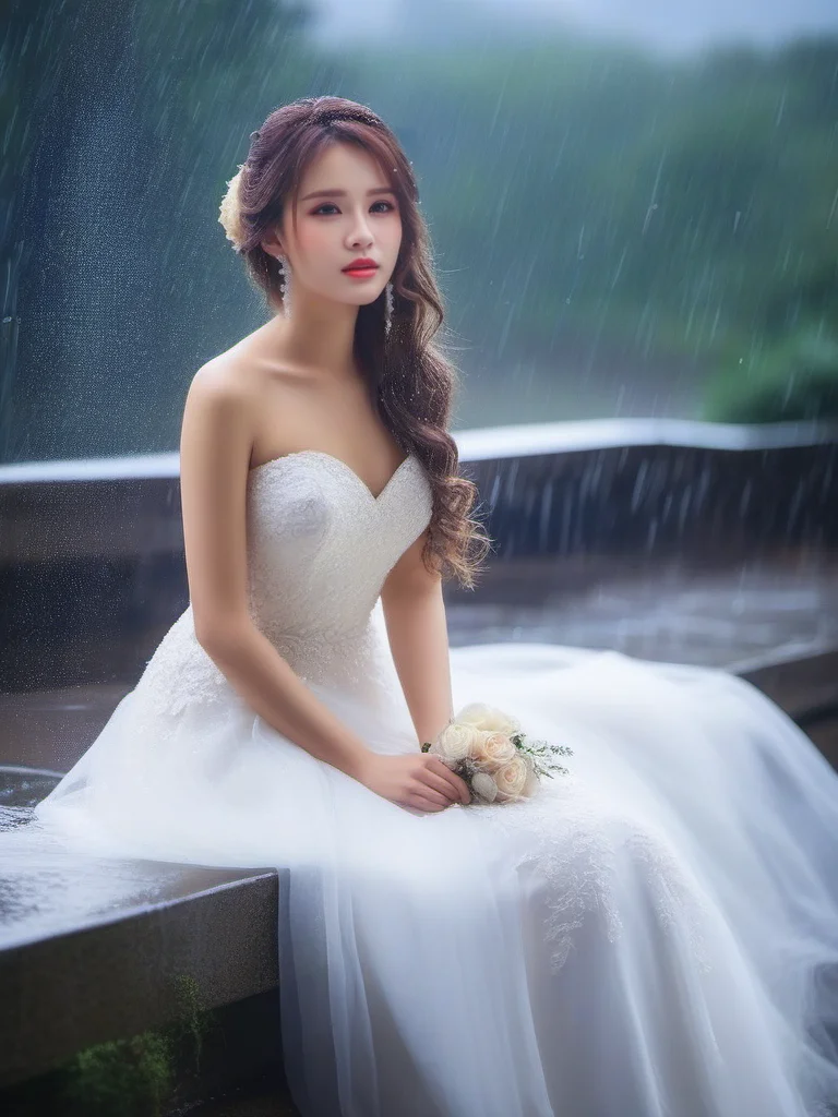 masterpiece, best quality, girl, long hair, looking at viewer, rain, wedding dress,<lora:sl_sila:0.8>