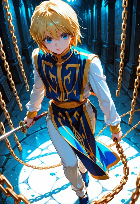 masterpiece, very aesthetic, absurdres, best quality, good quality, newest, highres,
hunter x hunter, kurapika,1boy, solo, blonde hair,blue tabard, long sleeves, short hair, blue eyes, pants, shoes, blue footwear,androgynous,holding chain
,dynamic angle abstract background, blurry background 
<lora:noobai_ep11_stabilizer_v0.178_fp16:1>
SmoothNegative_Hands