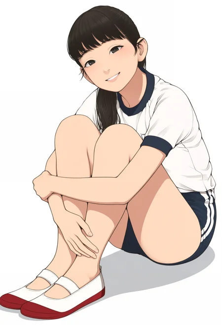 masterpiece, highres, absurdres, newest, very awa, 1girl, solo, black hair, hugging own legs, uwabaki, gym uniform, sitting, shoes, white background, looking at viewer, simple background, smile, black eyes, shirt, shorts, <lora:backfischalter>