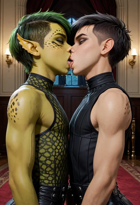 Gith, pointed ears, spots on skin, (green skin) or (yellow skin), flat nose, 2boys, semi-realistic, androgynous, gay, french kiss, head tilt, saliva trail, modern clothing, short hair, goth hairstyle, femboy, androgynous, throne room background, indoors