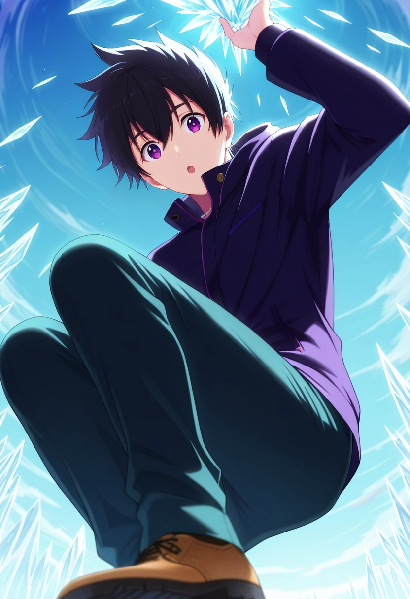 masterpiece, best quality, , semi-realistic, looking at viewer, 1boy, solo, male focus, <lora:ryuunosuke_minakata_ilxl:0.98>, ryuunosuke_minakata, black hair, purple eyes, short hair, bangs, hair between eyes, from below, cold, ice, light, jumping, :o,