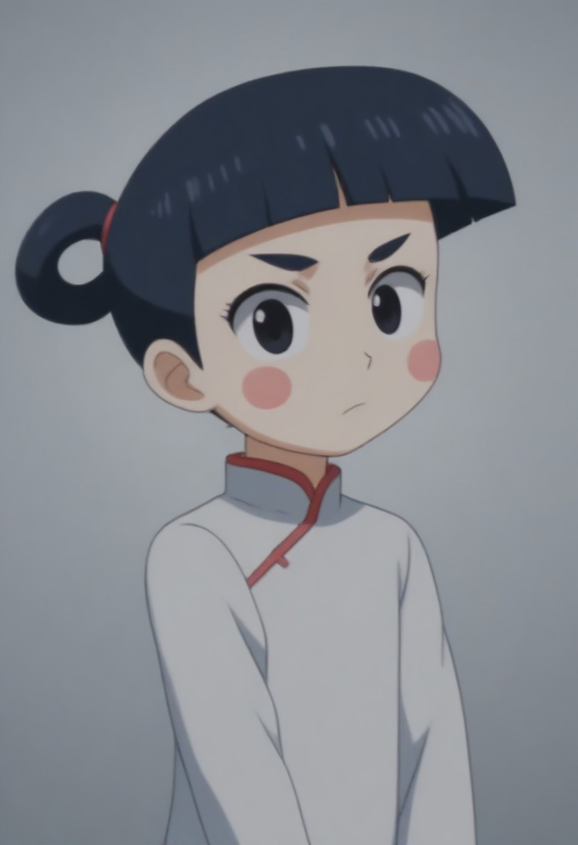 source_anime, anime screencap, source_anime, auratheguillotine, anime screencap, masterpiece, source_anime, shiny skin,,,,,,,,,<lora:jasmineMedi_illustriousXL_v01:1> jasmindef, black hair, blunt bangs, short hair, black eyes, blush stickers, hair rings, sidelocks, small brows, chinese clothes, white dress,