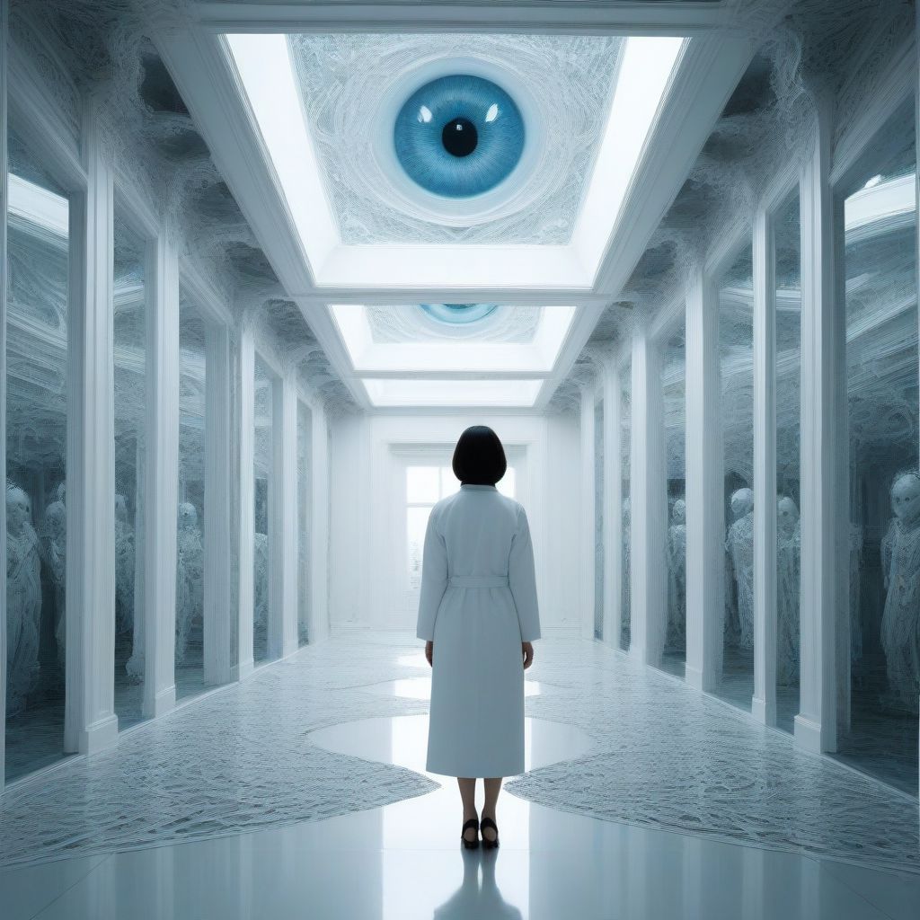 The Duplicated: A brightly lit, sterile white room devoid of any features except for a single figure standing in the center. As the camera slowly pans around them, we discover multiple copies, identical in every way, spaced equidistantly throughout the room. Each copy mirrors the original's movements perfectly, but the sheer number of them, coupled with the clinical environment, creates a chilling sense of unease. Their eyes are lifeless, and their expressions are cold, as if trapped in an endless cycle. Are they reflections, clones, or something more sinister? The atmosphere distorts with malevolent geometry, forced perspective, and impossible architecture, evoking a sense of cosmic horror. All framed in the style of Ayami Kojima, with intricate and unsettling details intertwined with impossible architecture and grotesque anatomical features, more detail XL