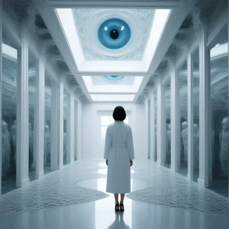 The Duplicated: A brightly lit, sterile white room devoid of any features except for a single figure standing in the center. As the camera slowly pans around them, we discover multiple copies, identical in every way, spaced equidistantly throughout the room. Each copy mirrors the original's movements perfectly, but the sheer number of them, coupled with the clinical environment, creates a chilling sense of unease. Their eyes are lifeless, and their expressions are cold, as if trapped in an endless cycle. Are they reflections, clones, or something more sinister? The atmosphere distorts with malevolent geometry, forced perspective, and impossible architecture, evoking a sense of cosmic horror. All framed in the style of Ayami Kojima, with intricate and unsettling details intertwined with impossible architecture and grotesque anatomical features, more detail XL