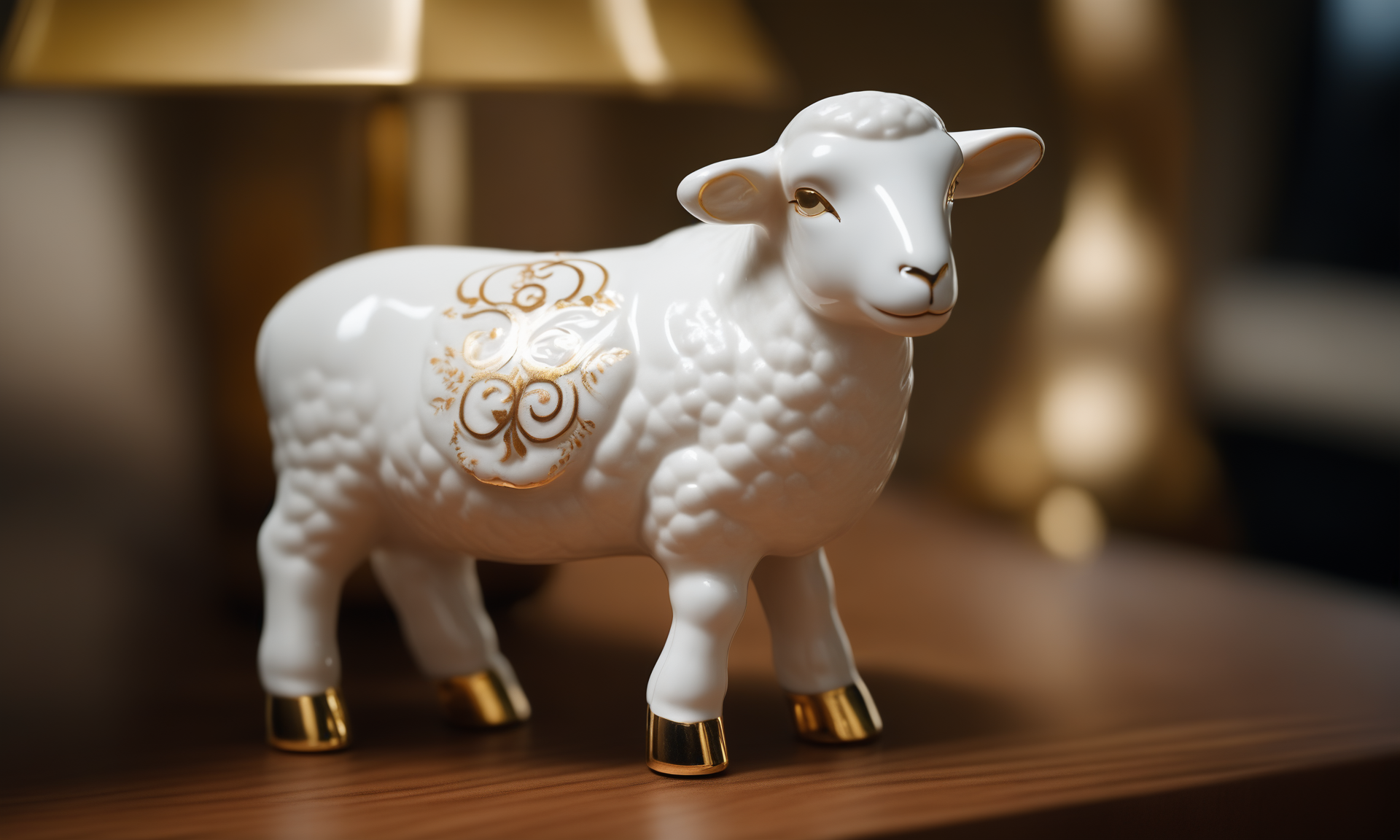 cinematic film still <lora:pcporcelaincd_xl-000006:0.7>,a handmade model toy of a sheep made of (pcporcelaincd_xl,porcelain,white theme,gold lacquer,shiny:1.3) in office,no humans,long-focus,tilt-shift,indoors,full body,chinese zodiac,wooden table,cutie,cute,still life,animal statue,front view,facing viewer,looking at viewer . shallow depth of field, vignette, highly detailed, high budget, bokeh, cinemascope, moody, epic, gorgeous, film grain, grainy, 8K, HDR, UHD, masterpiece, best quality, highly detailed, high resolution, finely detail, extremely detailed, ultra detailed, wallpaper