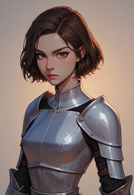 (score_9, score_8_up, score_7_up). ( line work, excellent drawing, highest quality, extremely detailed:1.2). 1girl, Joan of Arc, 24 year old, adult face, perfect face, medieval french girl, short hair, dark hair, dark eyes, solid black eyes, dark lashes, shiny look, petite, nymph, Knight, armor, breastplate, gorget, athletic, slender waist, confident, serious, 3/4 view, cowboy shot, g0thicPXL, romantic, cinematic lighting, volumetric lighting, source_cartoon, source_anime, Expressiveh